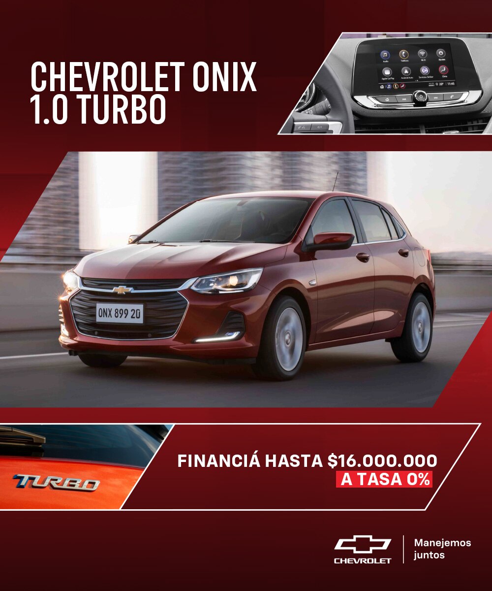 Chevrolet Onix 1.0 Turbo rojo, financia hasta $16.000.000 a tasa 0%.