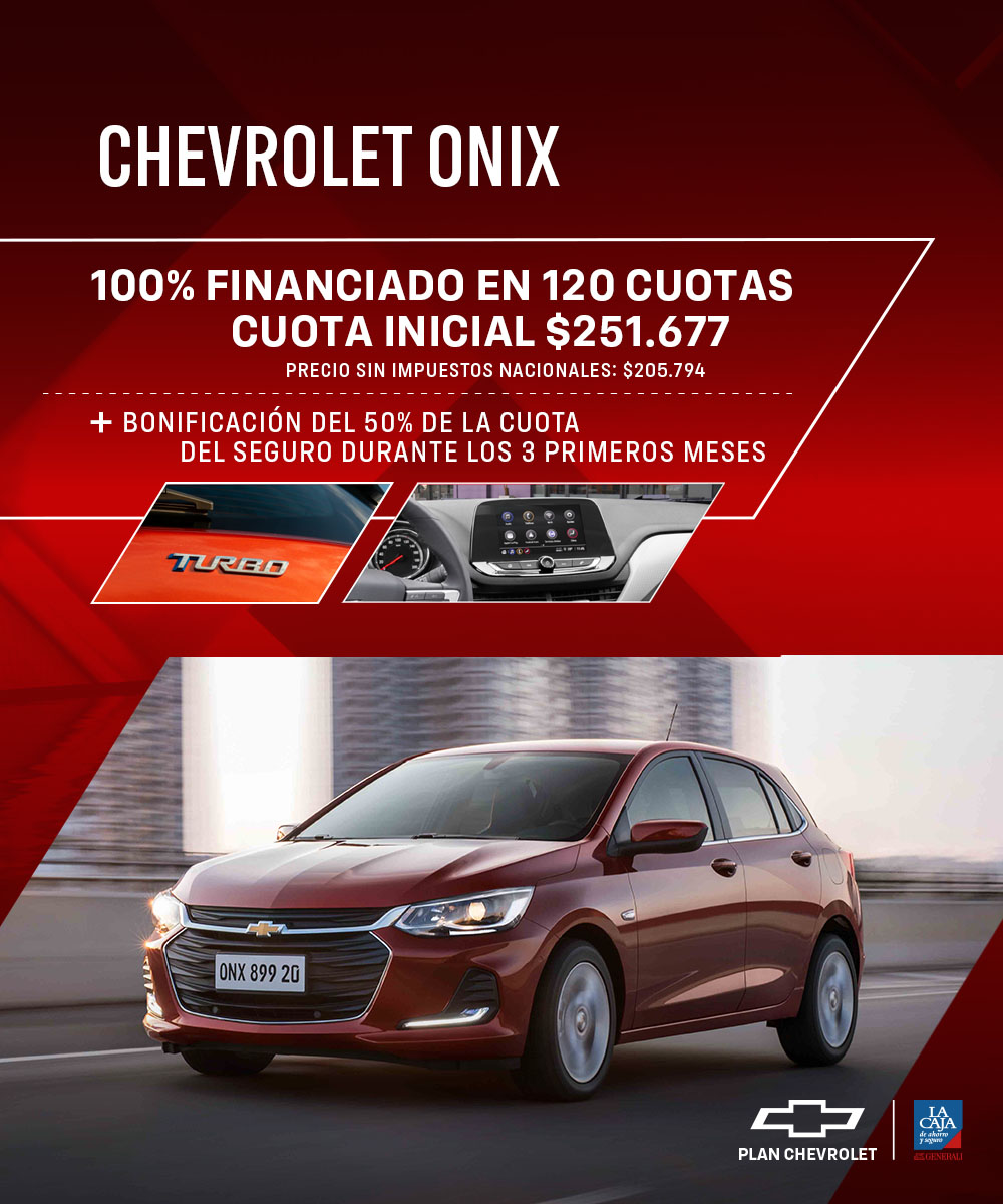 Chevrolet Onix rojo 100% financiado en 120 cuotas con bonificación.