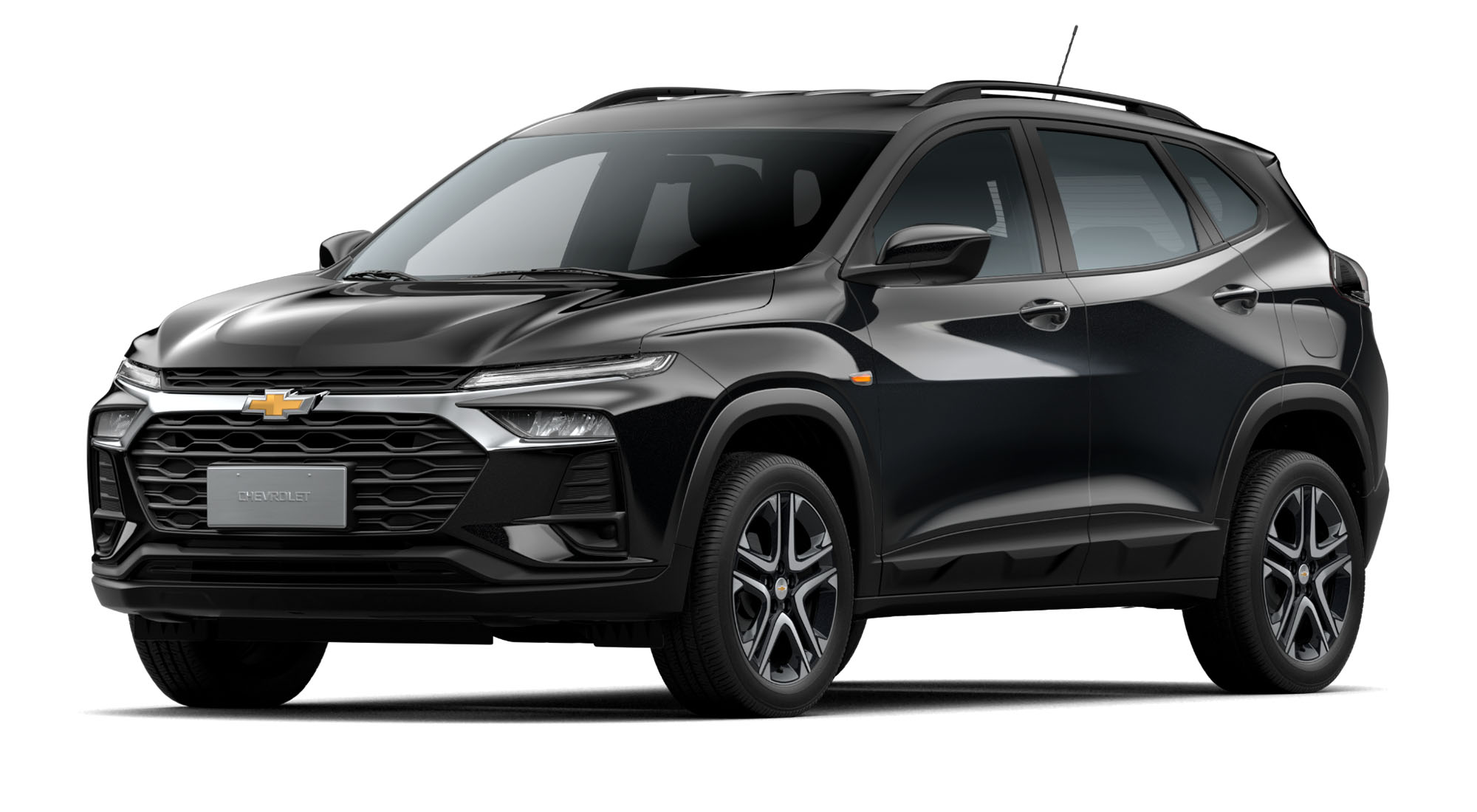 Chevrolet Tracker LT AT Turbo color Black Meet Kettle vista frontal en fondo blanco