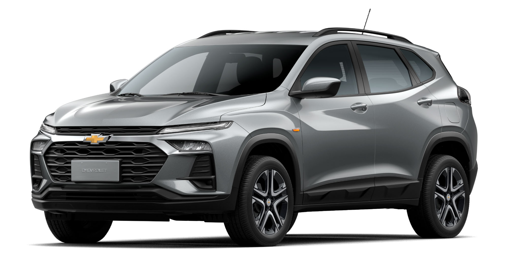 Chevrolet Tracker LT AT Turbo color Plata Sharkskin vista frontal en fondo blanco